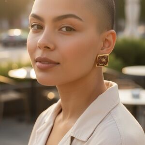 Chic Sun and Moon Gold and Brown Square Earrings